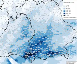 Niederschlagsverteilung innerhalb von 120 Stunden (30. Mai – 3. Juni 2024) nach Radar- und Stationsdaten des DWD