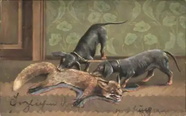Rotfuchsvorleger und zwei Dackel (August Müller (1836–1885))