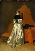 Gerard Terborch: Eine Dame in weißem Atlas vor dem Bett mit roten Vorhängen, 1660