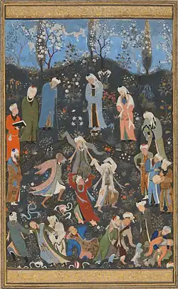 Tanz von Derwischen eines Sufi-Ordens aus einem unbekannten Manuskript mit mystischem Inhalt, etwa 1480 oder 1490.[44] Einige Figuren werden als Porträts angesehen. Siehe nebenan.[45]