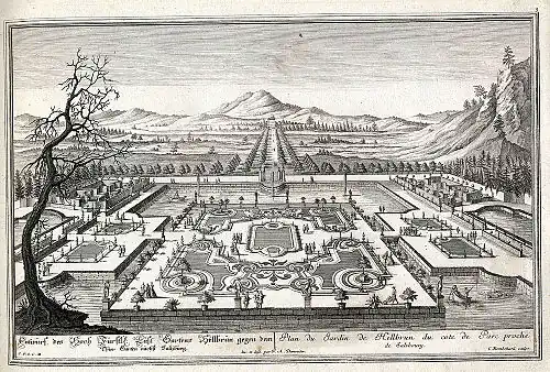 Die Garten-Prospect von Hellbrun, Danreiter, ca. 1735 (auf Schloss Goldenstein, rechts Hellbrunner Berg)