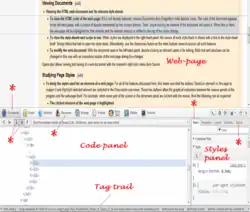 In der oberen Hälfte ist eine Webseite zu sehen, ein Absatz ist umrahmt und hervorgehoben. Die untere Hälfte zeigt die Entwicklerwerkzeuge mit mehreren Reitern, ausgewählt ist „Documents“. Im Tab darunter ist die Baumstruktur der Seite dargestellt, auch hier ist ein Element hervorgehoben. Rechts daneben befindet sich eine weitere Reiterauswahl, hier ist „Styles“ gewählt, darunter werden einige CSS-Eigenschaften gezeigt.