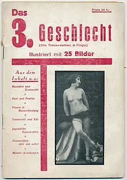 Foto einer Zeitschrift, Titel "Das 3. Geschlecht" in roter Schrift, neben Inhaltsangaben ist ein Schwarzweiß-Foto einer Frau mit entblößten Brüsten abgedruckt.