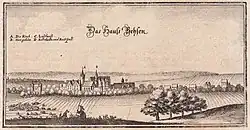 das Lusthaus mit zwei Türmen (links) bei Schloß Behsen, Merian um 1653, vermutlich abgegangen, Halle (Saale), Sachsen-Anhalt