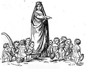 Die Zeichnung stellt eine Szene dar, in der die Sagengestalt Frau Holle, eine alte Frau mit einem Stab, von einer Gruppe kleinerer Figuren, den Heimchen, umgeben ist.