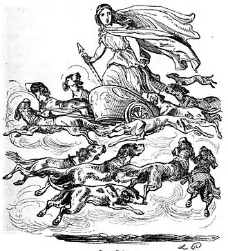 Die Zeichnung zeigt eine Frau einen Kampfwagen in der Luft, umgeben von Hunden, ihre Töchter.