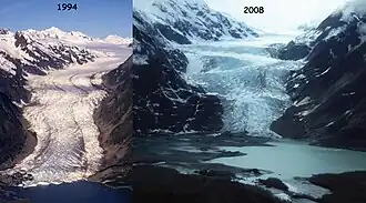 Davidson-Gletscher in den Jahren 1994 und 2008 im Vergleich