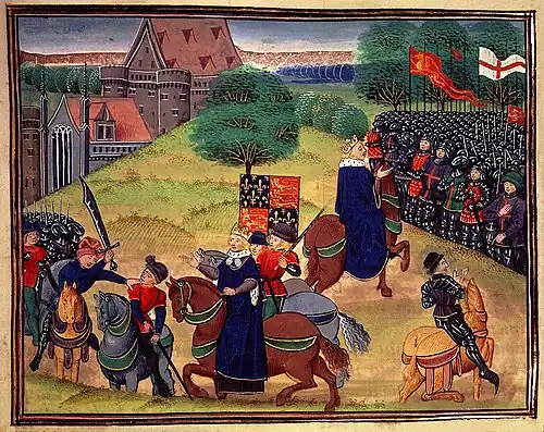 William Walworth tötet Wat Tyler, Richard II. sieht zu und spricht anschließend zu den Aufständischen. (Darstellung um 1390)