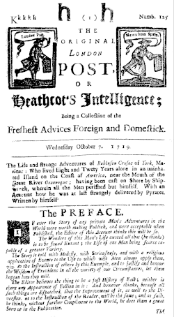 Robinson Crusoe, Titelblatt der Erstausgabe in Heathcot's Intelligence