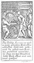 Das Heilige Sacrament wird / in einem gehaitzten Bachoffen geschossen, / bleibt doch mehr= / mall die gestalt eines Kind= / lein vorbildend unverletzt, / der Stein von dem Mundloch / dieses Bachoffens wird noch / heint gewißen.