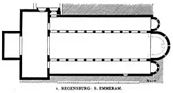 St. Emmeram um 1052 mit dem Querhaus und der Wolfgangskrypta im Westen