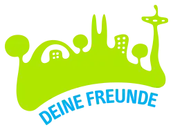 einfarbig grüne Skyline mit abgerundeten Linien, darunter ein nach oben gewölbter, blauer Schriftzug in Großbuchstaben: „DEINE FREUNDE“
