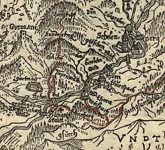 Johann Faistenauer (1577/78–1643): Das Landt und Fürstliche Stifft Berchtolsgaden (1626) Kartenausschnitt: Rote Linie = Grenzverlauf Fürstpropstei Berchtesgaden – Fürsterzbistum Salzburg, li. u. der „Hanget Stain“