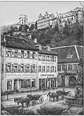 Der Kornmarkt mit Pferdekutschen und Marienstatue, 1881