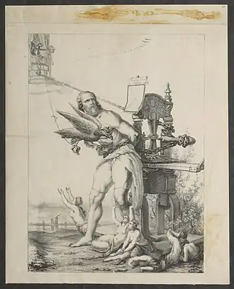 Karikatur Der gefesselte Prometheus mit dem an eine Druckerpresse geketteten Karl Marx und einer leeren Ausgabe seiner eingestellten Rheinischen Zeitung mit schwarzem Rand (1843)