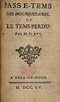 Titelblatt einer Sammlung erotischer Gedichte, 1755 als Zeitvertreib der Musketiere erschienen. Der Druckort Bergen op Zoom ist fingiert (Google Books)