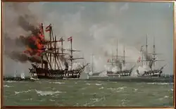 Das österreichische Flaggschiff Schwarzenberg brennt (Gemälde von Johan Carl Neumann)