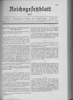 Gesetz zur Wiederherstellung des Berufsbeamtentums (RGBl. 1933 I, S. 175)