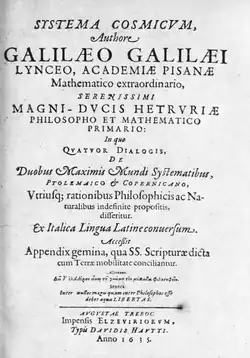 Frontispiz und Titelseite Dialogus de systemate mundi (Systema Cosmicum), lateinische Übersetzung 1635