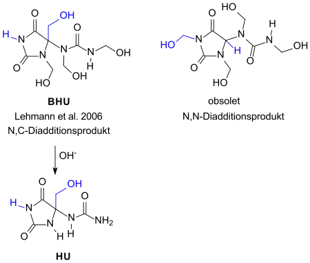 Strukturformeln für Diazolidinylharnstoff und Abbauprodukt