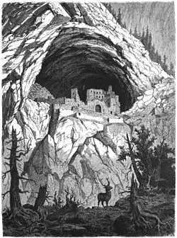 links: Historische Ansicht, 1877, rechts: Puxerloch Detail Aufgang