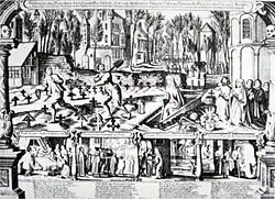 Auf dem Kupferstich von 1650 wird die Richmodis-Legende dargestellt, die sich an das gegenüberliegende Haus „Zum Papageien“ knüpft. Oben links ist der Hackeneysche Hof abgebildet.