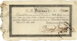 Aktie der Société d’exploitation du Diorama de Paris über 1000 Francs, ausgegeben am 3. August 1822, im Original unterschrieben von den beiden Erfindern und Gründungsvorständen Charles Marie Bouton und Louis Daguerre. Der Inhaber der Aktie hatte das Recht auf den zweihundertfünfzigsten Anteil der Nettogewinne ab der Eröffnung des Dioramas am 11. Juli 1822.