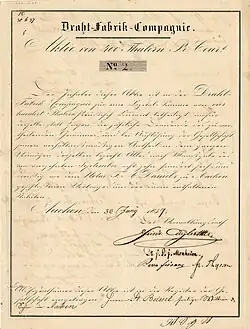 Aktie der Draht-Fabrik-Compagnie über 400 Talern, ausgestellt in Aachen am 30. Juni 1837, im Original unterschrieben von Dr. Johann Peter Joseph Monheim und Friedrich Thyssen