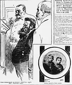 Der bärtige Most zwischen zwei deutlich größeren, grobschlächtigen Polizeimännern. Unten zwei Photos seiner Kinder mit der Beschriftung „Herr Most's two sons“