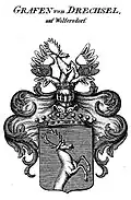 Gemehrtes Wappen der Grafen von Drechsel auf Wolfersdorf; der Hirsch der Helmzier wachsend zwischen einem offenen Flug, der beidseitig je einem Posthorn belegt ist