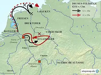 Landkarte der Drususfeldzüge der Jahre 12 und 11 v. Chr.