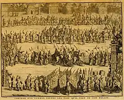 Description de la Chine et de la Tartarie chinoise, Band 2 Seite 35, 1736, Gefolge eines Vizekönigs, jedes Mal, wenn er seinen Palast verläßt (Antoine Humblot del. / Jan Caspar Philips Sculp.)