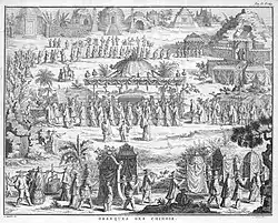 Description de la Chine et de la Tartarie chinoise, Band 2 Seite 35, 1736, Gefolge eines Vizekönigs, jedes Mal, wenn er seinen Palast verläßt (Antoine Humblot del. / Jan Caspar Philips Sculp.)