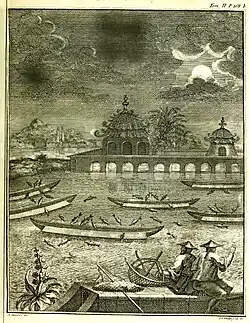 Description de la Chine et de la Tartarie chinoise, Band 2 Seite 168b, 1736, Unterhaltsame Art, mit Vögeln zu fischen (Antoine Humblot del. / Jan Caspar Philips Sculp. dir.)