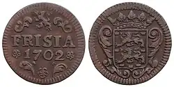 1-Deut-Münze aus Kupfer, 1702 in Leeuwarden geprägt. Auf der Vorderseite ist das Wappen der Provinz Friesland zu sehen.
