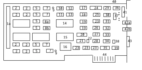 Platinenlayout des original IBM EGA-Karte (Belegung siehe Tabelle)
