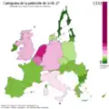 Kartenanamorphote (engl. cartogram) der EU-27-Bevölkerungsdichte. Sie zeigt den dargestellten Erdteil verzerrt.