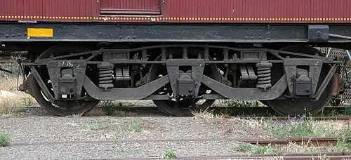 drei­ach­si­ges Schwa­nen­hals­dreh­ge­stell ei­nes Rei­se­zug­wa­gens