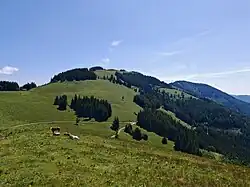Almenlandschaft am Aibel, Blick nach Südosten zum Ebenschlag (mittig) und Hochschlag (rechts dahinter)