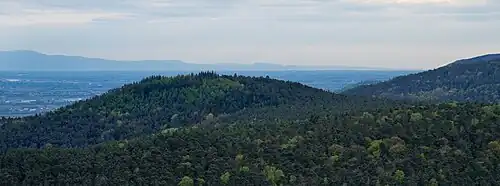 Fernsicht zur Hornisgrinde, zum Belchen und bis zum Blauen in bis zu 185 km Distanz.