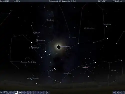 Konstellation während der Sonnenfinsternis vom 24. November 29