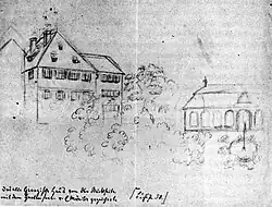 Georgii-Haus, rechts: Gartensaal. Zeichnung von Eduard Mörike, vor 1861.