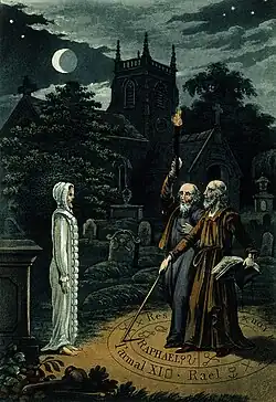 Die Szene spielt nachts mit einem Halbmond am Himmel und zeigt eine Kirche, Grabsteine, eine beschworene Gestalt (links) und rechts zwei Männer in einem magischen Kreis, von denen einer Edward Kelly ist, der einen Zauberstab und ein Buch hält, und der andere eine Fackel.