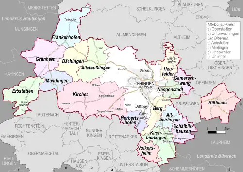 Grafik mit den Ortschaften und Stadtteilen der Stadt Ehingen (Donau)