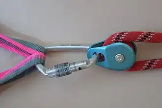 Erste Umlenkrolle (in der Bandschlinge am Baum = Fixpunkt links) ändert die Zugrichtung