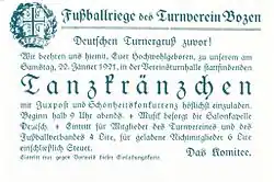 Einladung zum Tanzkränzchen des Turnvereins Bozen von 1921 mit dem Turnerkreuz