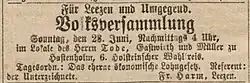 Einladung zur Volksversammlung Leezen u. U., erschienen im Neuen Sozial-Demokrat am 26.06.1874