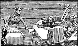 Die schwarz-weiße Zeichnung zeigt links eine sitzende Frau, die mit der rechten Hand eine schwarze Katze streichelt und die linke Hand zu einer Faust ballt, und rechts fünf bärtige Männer mit Äxten, Schwertern und Trinkhörnern, die um einen Tisch sitzen und zu der Frau blicken.