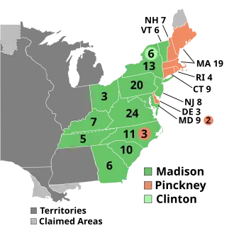 Die Präsidentschaftswahl von 1808. Der Föderalist Pinckney gewann ganz Neuengland außer Vermont, Delaware und je zwei Stimmen aus North Carolina und Maryland. Madison gewann alle anderen Stimmen im Electoral College außer sechs, die an George Clinton gingen.