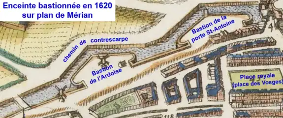 Stadtbefestigung mit Bastionen in der Nähe der Porte Saint-Antoine 1620 auf dem Mérian-Plan.